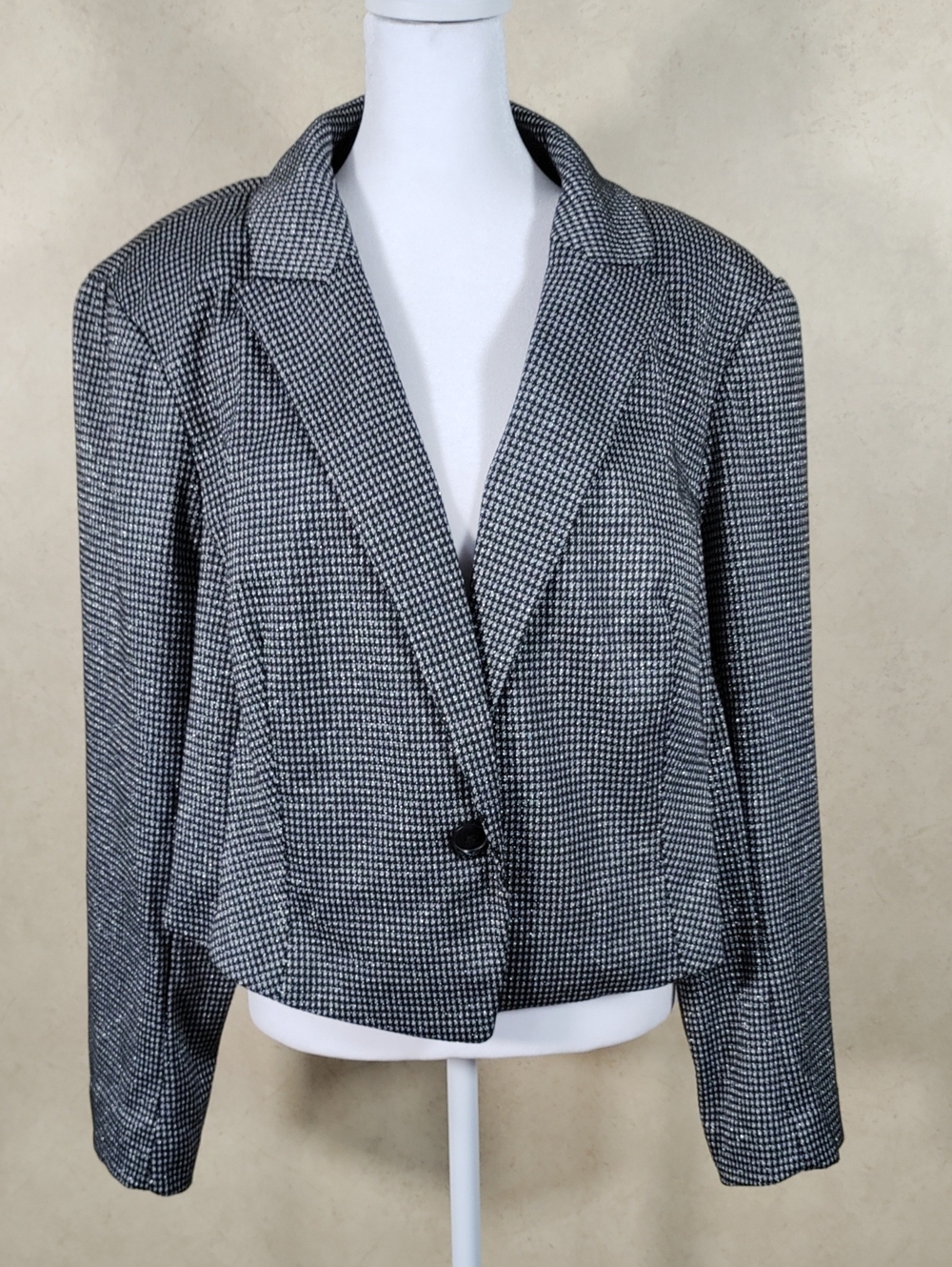J169 Lane Bryant Black Metallic Silver Houndstooth Cropped Blazer 20P NWT